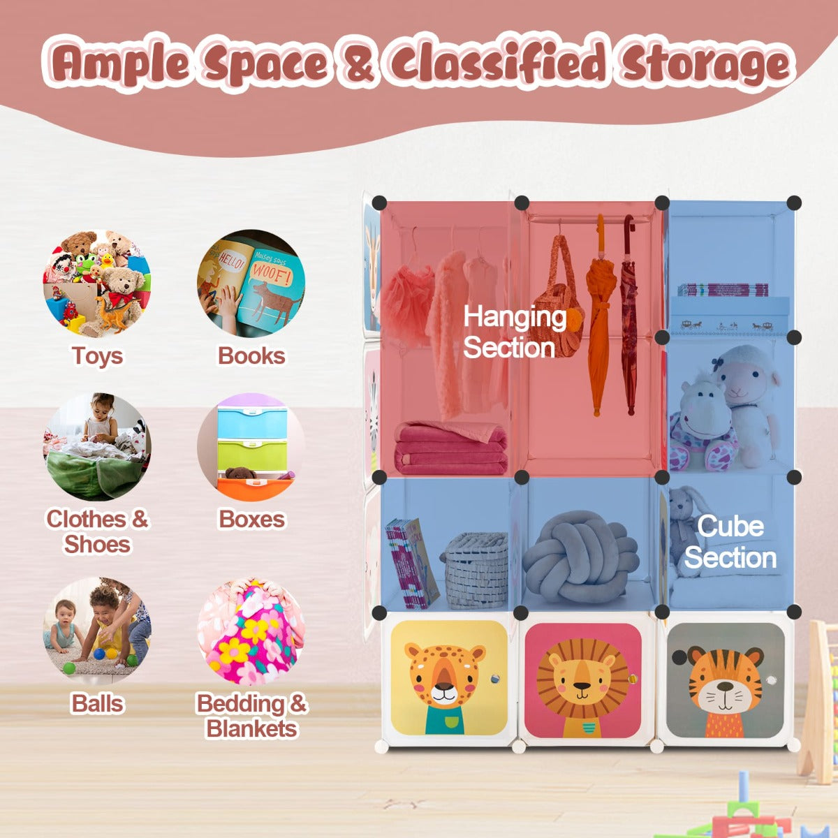 12-Cube Wardrobe Baby Dresser with Doors and 2 Rods