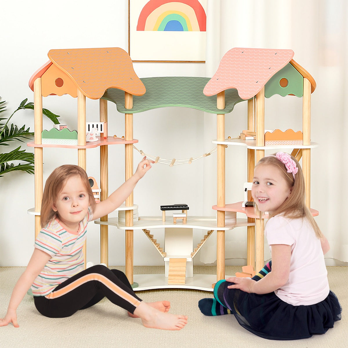 Wooden Dollhouse with 32 PCS Realistic Furniture Accessories and Roofs