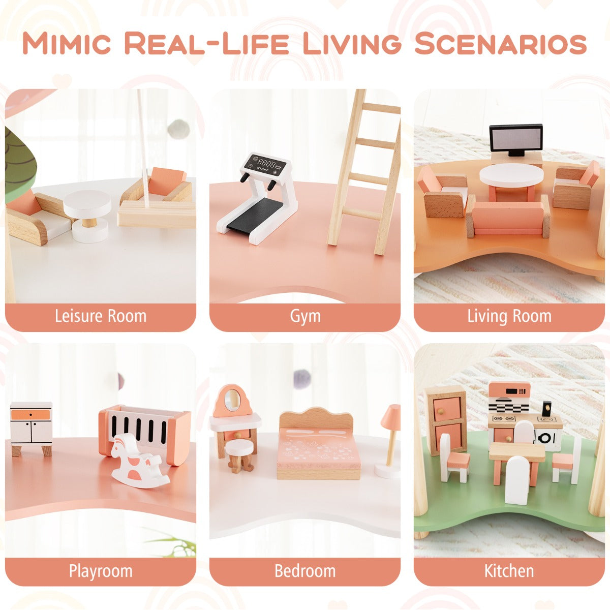 Wooden Dollhouse with 32 PCS Realistic Furniture Accessories and Roofs