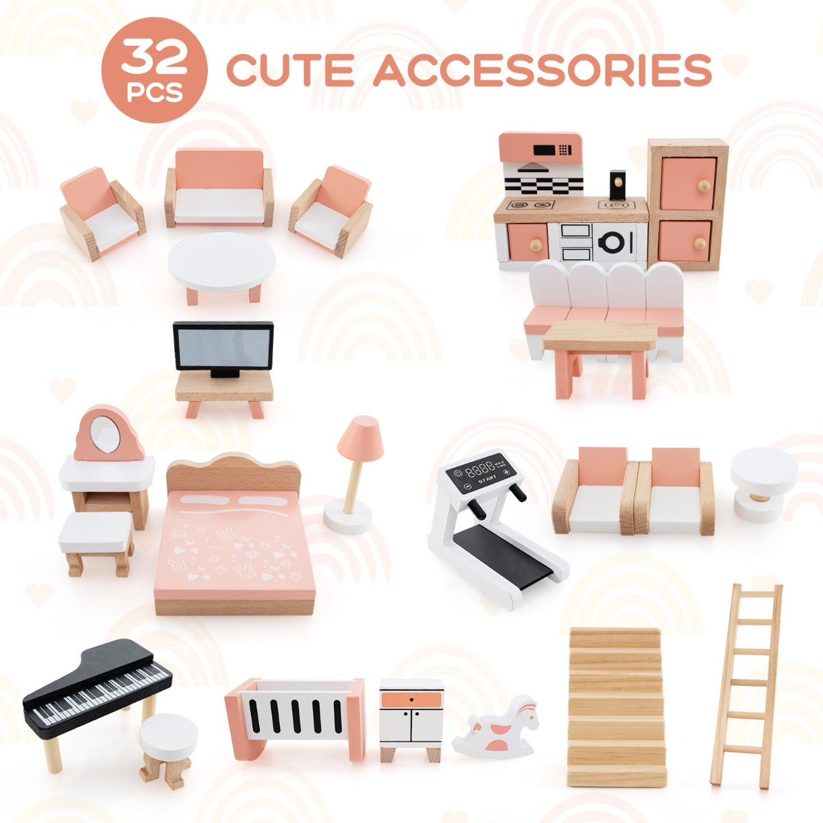 Wooden Dollhouse with 32 PCS Realistic Furniture Accessories and Roofs