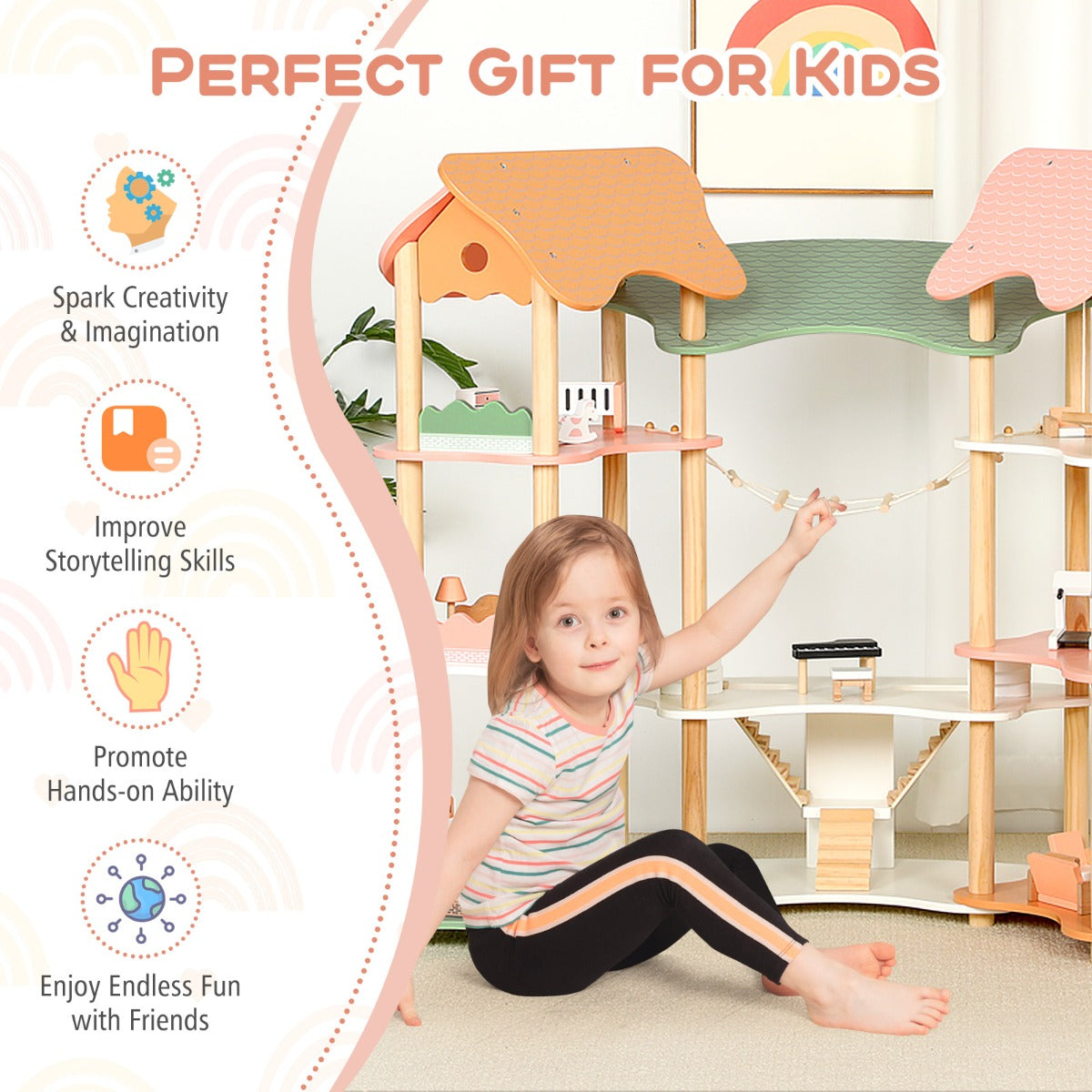 Wooden Dollhouse with 32 PCS Realistic Furniture Accessories and Roofs