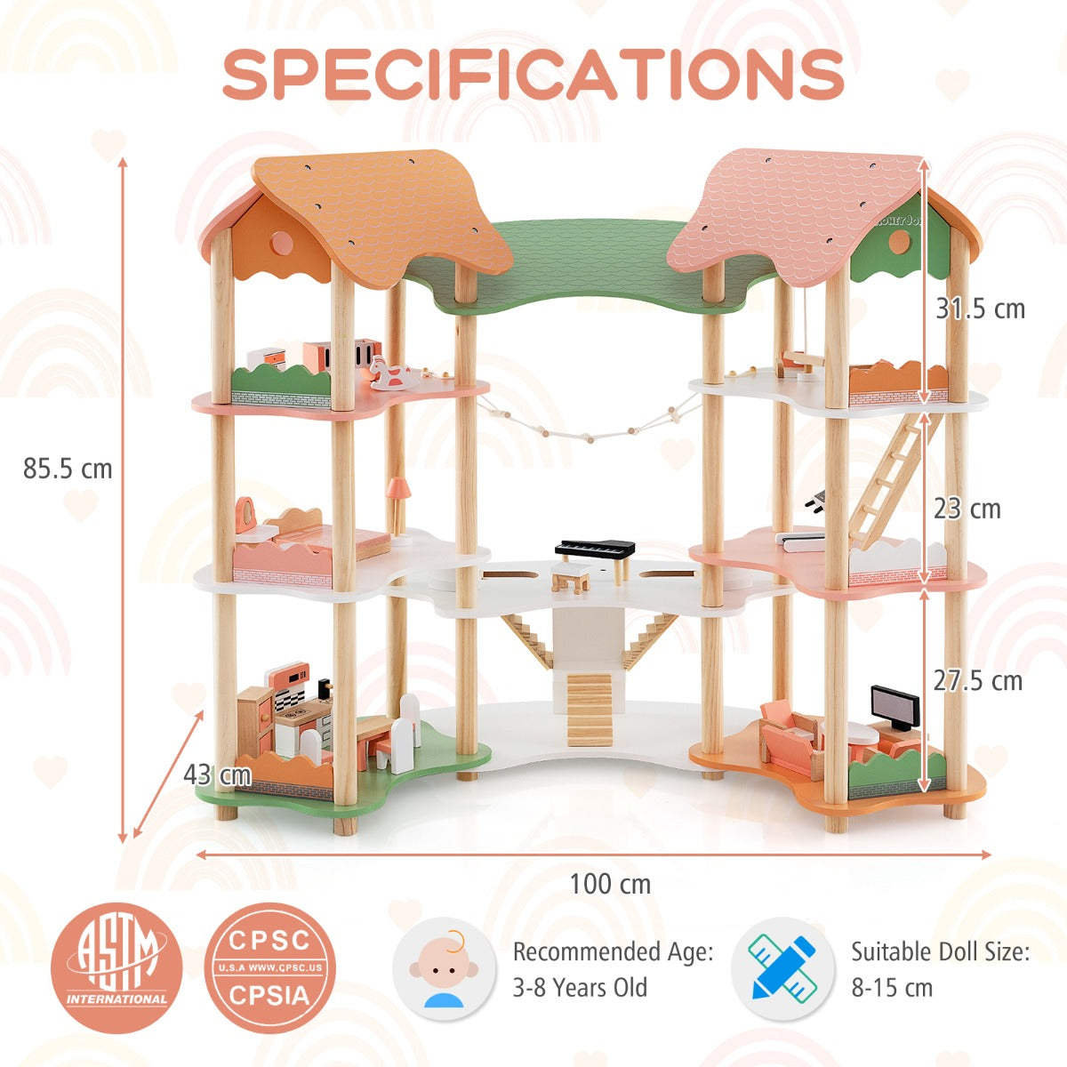 Wooden Dollhouse with 32 PCS Realistic Furniture Accessories and Roofs