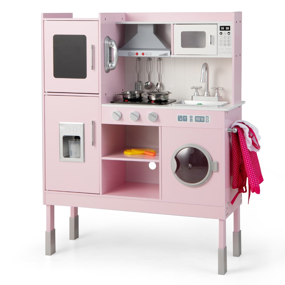 Wooden Play Kitchen Pretend Play Kitchen Toy Playset with Real Sounds and Lights