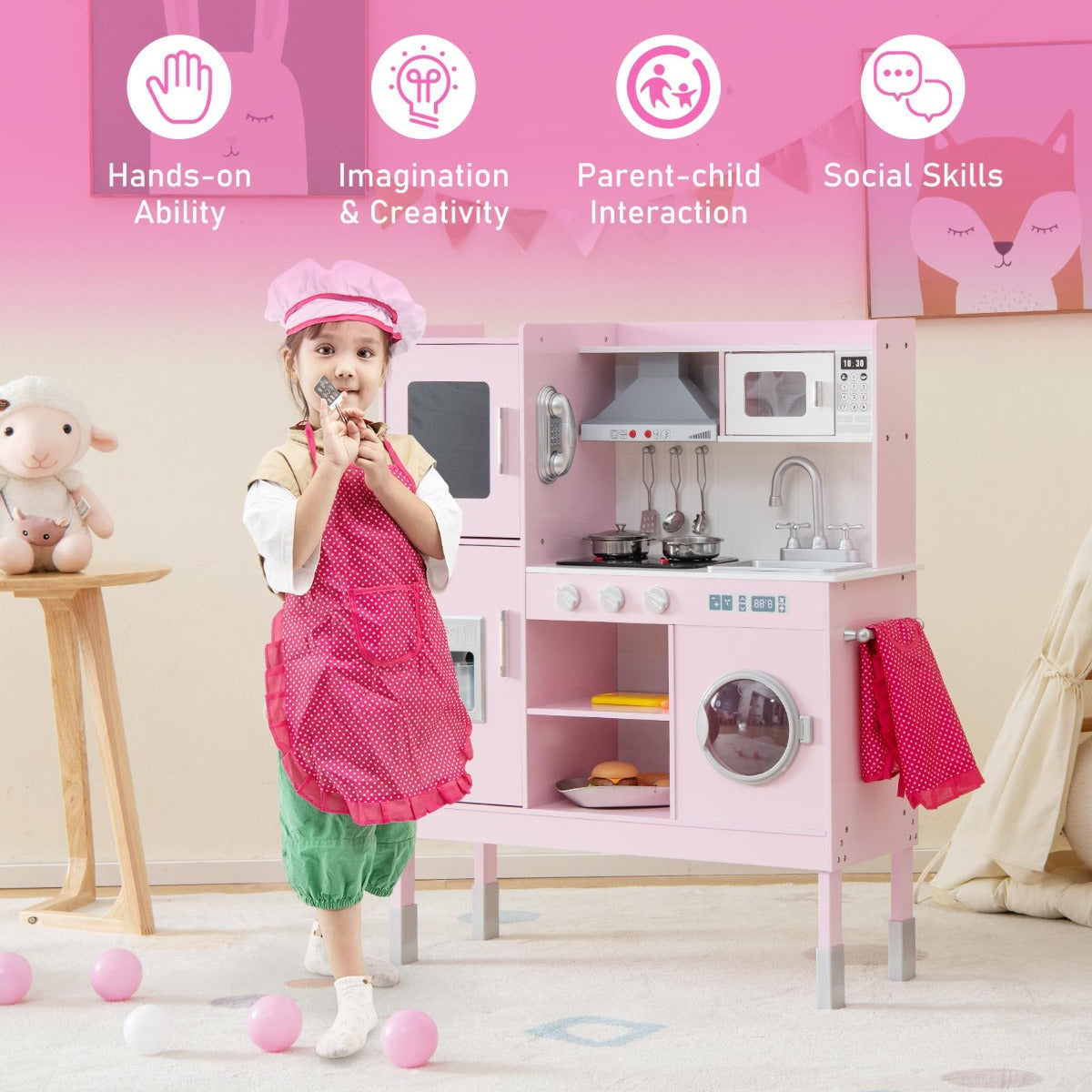 Wooden Play Kitchen Pretend Play Kitchen Toy Playset with Real Sounds and Lights