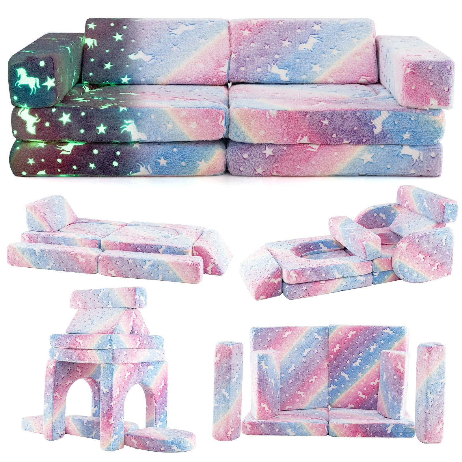 10 Pcs Modular Kids Play Couch, Toddler Sectional Sofa Glow in the Dark, Convertible Baby Sofa & Floor Cushion