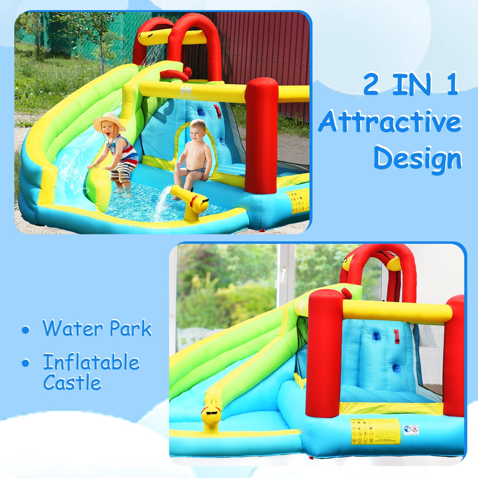 6-in-1 Inflatable Water Slide Bounce House & Jumping Castle Water Park without Blower