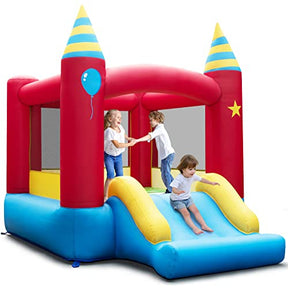 Inflatable Bounce House, Kids Bouncy Castle w/Large Jumping Area & Wide Slide, Indoor Outdoor Bouncy House with Stakes, Carry Bag, Repair Kit, for Boys Girls 3-10 Years (Without Blower)