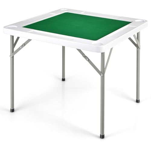 4-Player Mahjong Game Table, Foldable Mahjong Table with Iron Frame, Cup Holders & Chip Trays