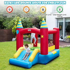 Inflatable Bounce House, Kids Bouncy Castle w/Large Jumping Area & Wide Slide, Indoor Outdoor Bouncy House with Stakes, Carry Bag, Repair Kit, for Boys Girls 3-10 Years (Without Blower)