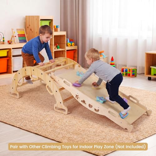 Kids Climber Arch Rocker with Cushion, 4-in-1 Convertible Wooden Climbing Ladder, Climbing Toys for Toddler