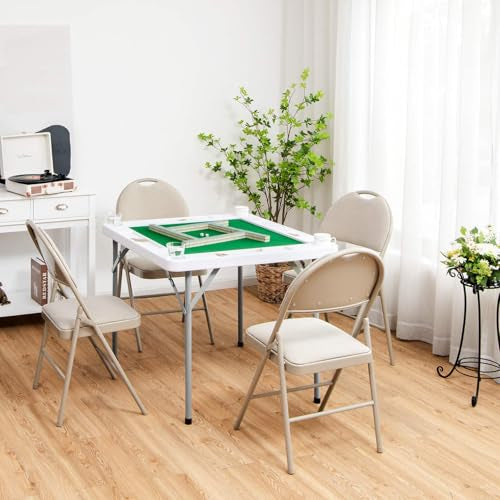 4-Player Mahjong Game Table, Foldable Mahjong Table with Iron Frame, Cup Holders & Chip Trays