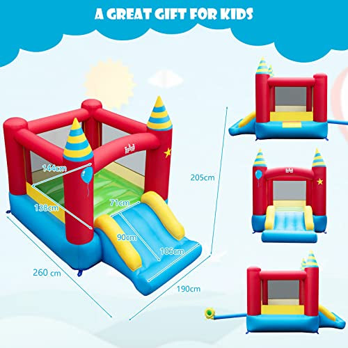 Inflatable Bounce House, Kids Bouncy Castle w/Large Jumping Area & Wide Slide, Indoor Outdoor Bouncy House with Stakes, Carry Bag, Repair Kit, for Boys Girls 3-10 Years (Without Blower)