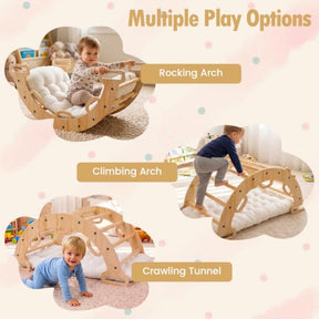 Kids Climber Arch Rocker with Cushion, 4-in-1 Convertible Wooden Climbing Ladder, Climbing Toys for Toddler