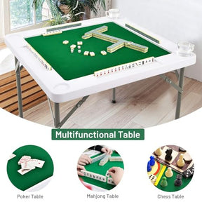 4-Player Mahjong Game Table, Foldable Mahjong Table with Iron Frame, Cup Holders & Chip Trays