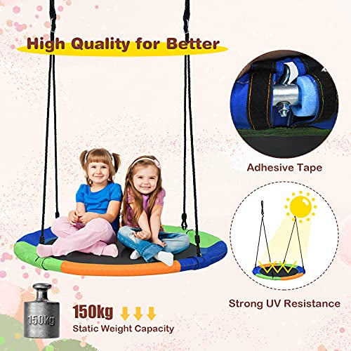 100cm Flying Saucer Tree Swing, Waterproof 600D Oxford Fabric Swing w/Sturdy Metal Frame & Adjustable Hanging Rope, Play Swing for Backyard, Playground