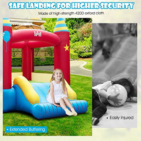 Inflatable Bounce House, Kids Bouncy Castle w/Large Jumping Area & Wide Slide, Indoor Outdoor Bouncy House with Stakes, Carry Bag, Repair Kit, for Boys Girls 3-10 Years (Without Blower)