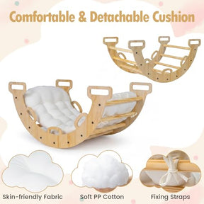 Kids Climber Arch Rocker with Cushion, 4-in-1 Convertible Wooden Climbing Ladder, Climbing Toys for Toddler