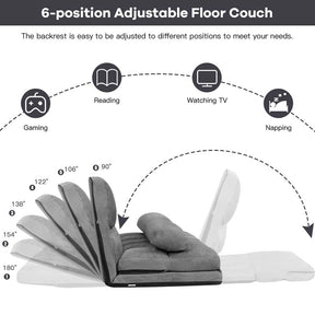 6-Position Adjustable Floor Sofa Bed, Foldable Lazy Sleeper with 2 Pillows & Suede Cover, Convertible Futon Couch Bed for Living Room & Gaming