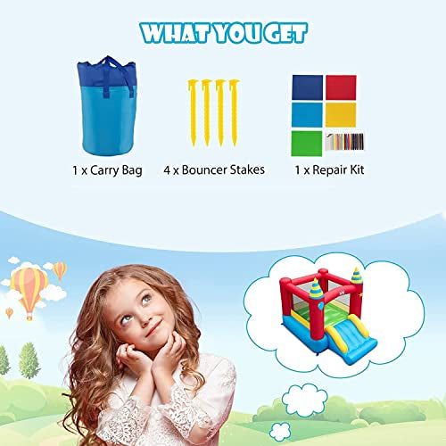 Inflatable Bounce House, Kids Bouncy Castle w/Large Jumping Area & Wide Slide, Indoor Outdoor Bouncy House with Stakes, Carry Bag, Repair Kit, for Boys Girls 3-10 Years (Without Blower)