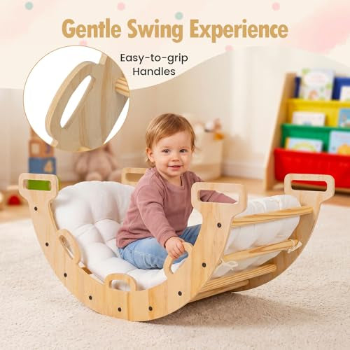 Kids Climber Arch Rocker with Cushion, 4-in-1 Convertible Wooden Climbing Ladder, Climbing Toys for Toddler
