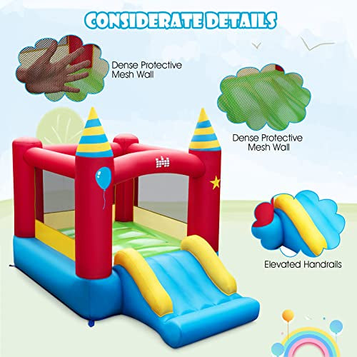 Inflatable Bounce House, Kids Bouncy Castle w/Large Jumping Area & Wide Slide, Indoor Outdoor Bouncy House with Stakes, Carry Bag, Repair Kit, for Boys Girls 3-10 Years (Without Blower)