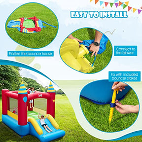 Inflatable Bounce House, Kids Bouncy Castle w/Large Jumping Area & Wide Slide, Indoor Outdoor Bouncy House with Stakes, Carry Bag, Repair Kit, for Boys Girls 3-10 Years (Without Blower)