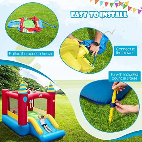 Inflatable Bounce House, Kids Bouncy Castle w/Large Jumping Area & Wide Slide, Indoor Outdoor Bouncy House with Stakes, Carry Bag, Repair Kit, for Boys Girls 3-10 Years (Without Blower)
