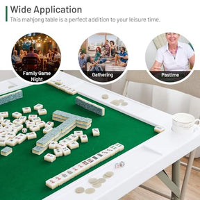 4-Player Mahjong Game Table, Foldable Mahjong Table with Iron Frame, Cup Holders & Chip Trays