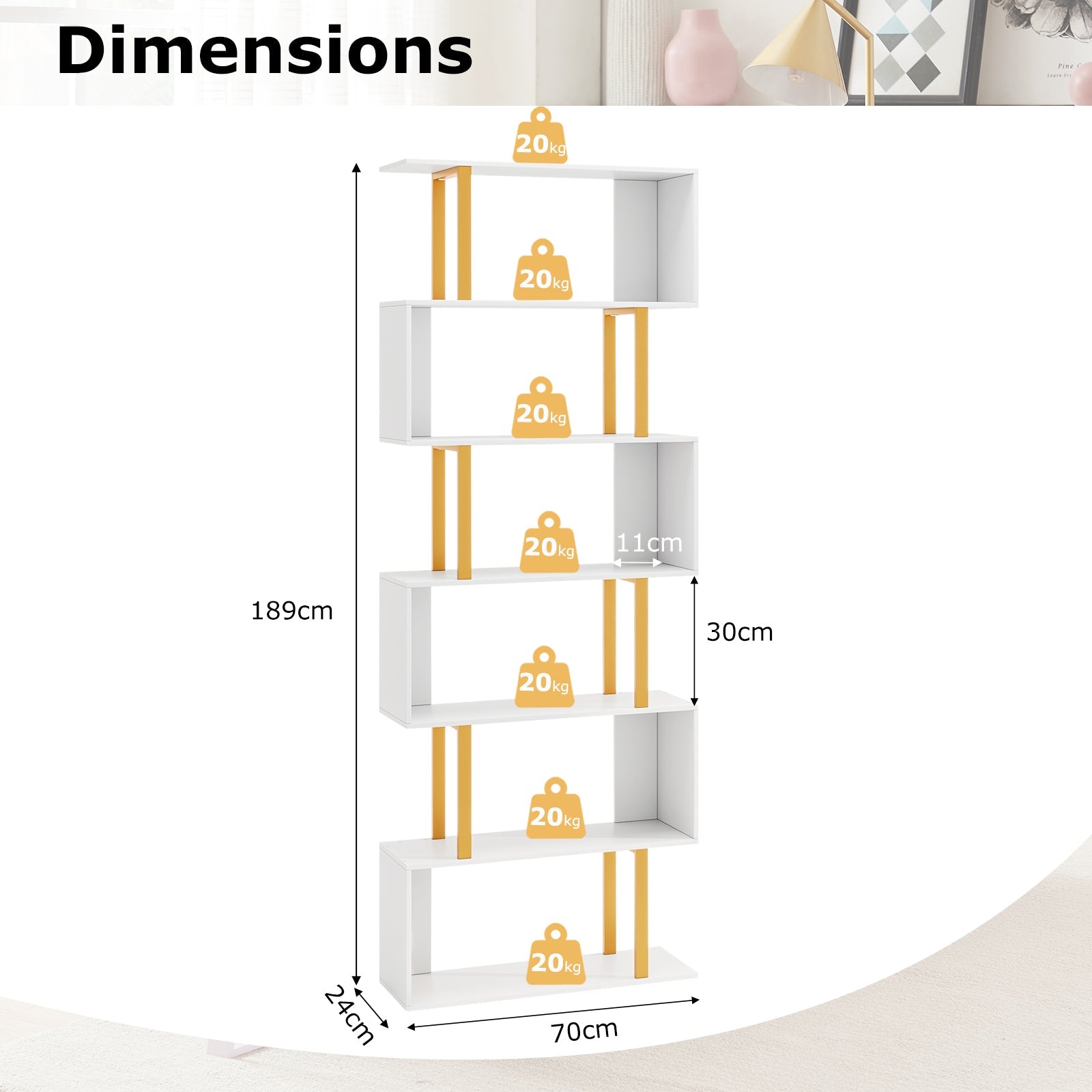 5/6-Tier Geometric Bookcase Decorative S-Shaped Storage Bookshelf w/ Metal Frame
