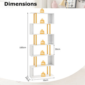 5/6-Tier Geometric Bookcase Decorative S-Shaped Storage Bookshelf w/ Metal Frame