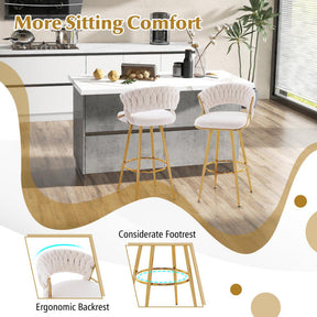 29 Inch Velvet Bar Stools Set of 2 Counter Height Barstools Armless Dining Chairs with Adjustable Foot Pads and Woven Backrest