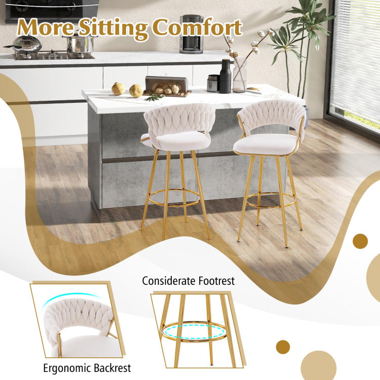 29 Inch Velvet Bar Stools Set of 2 Counter Height Barstools Armless Dining Chairs with Adjustable Foot Pads and Woven Backrest