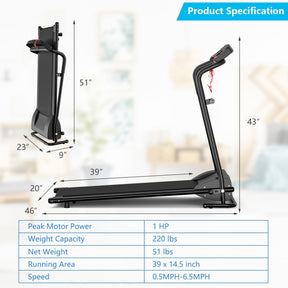 1.0 HP Electric Mobile Power Foldable Treadmill with Display for Home and Office