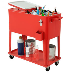 Outdoor 80 Quart Rolling Cooler Cart Patio Beverage Bar Trolley Ice Chest with Bottle Opener for Cookouts Party BBQ