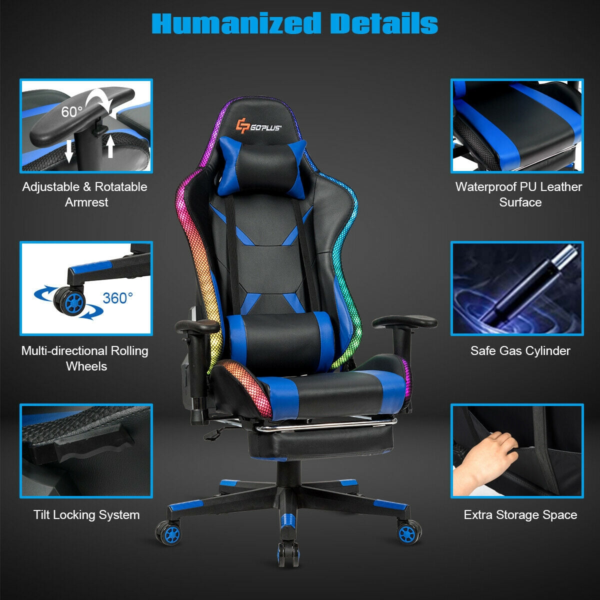 Ergonomic High Back Massage Gaming Chair with Light and Handrails