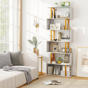 5/6-Tier Geometric Bookcase Decorative S-Shaped Storage Bookshelf w/ Metal Frame