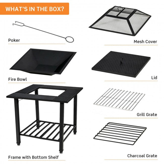 31" Multifunctional Outdoor Fire Pit Patio Fireplace Dining Table with BBQ Grate