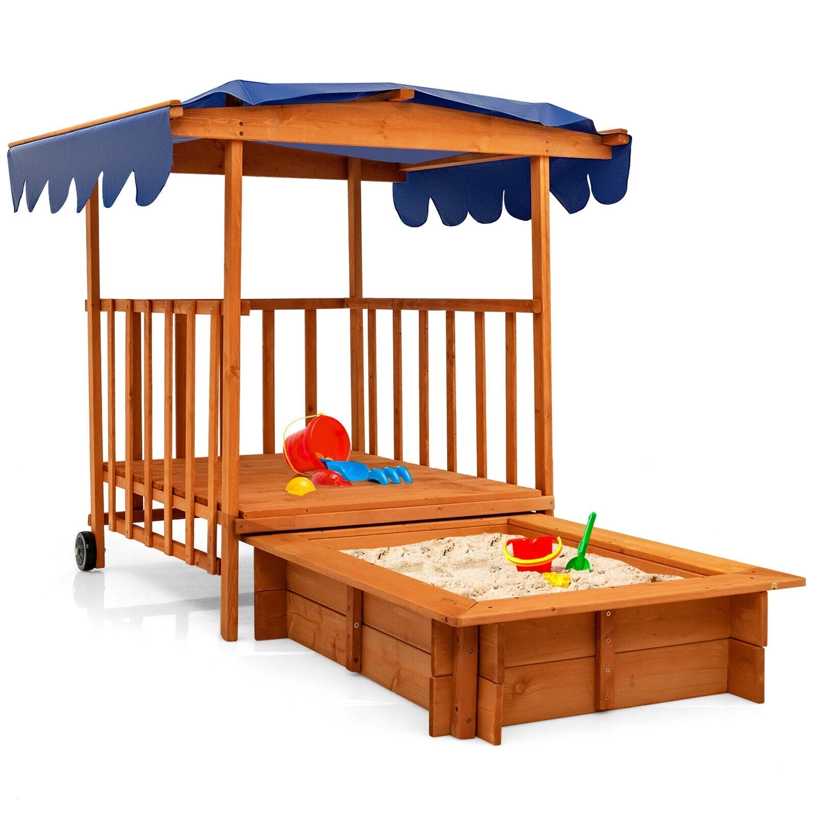 Kids Outdoor Wooden Retractable Sandbox with Cover and Built-in Wheels