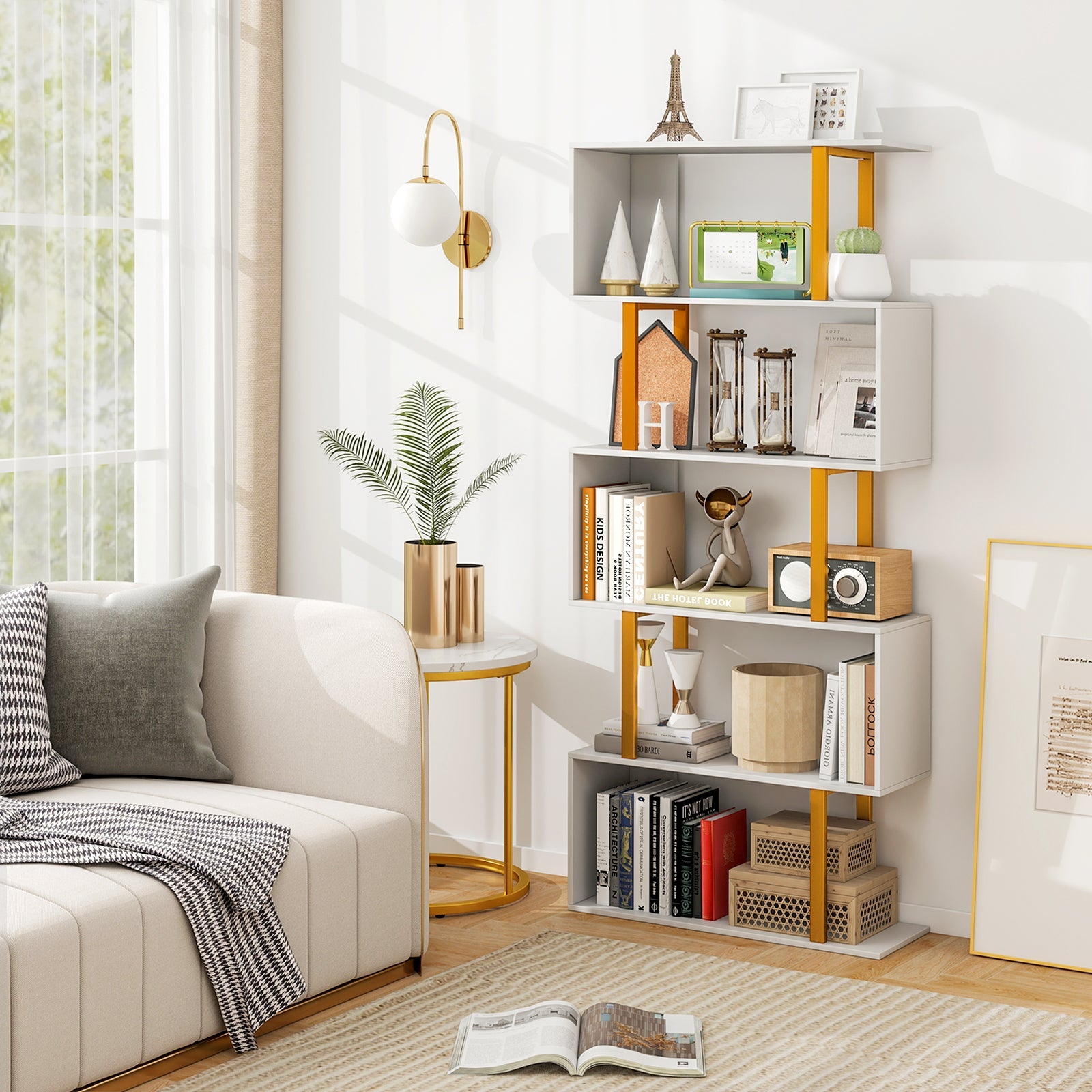5/6-Tier Geometric Bookcase Decorative S-Shaped Storage Bookshelf w/ Metal Frame