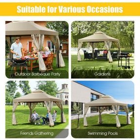 10’ x 10’ Outdoor Garden Gazebo Canopy Patio Screw-free Structure Shelter Tent with 2-Tier Roof and Mosquito Netting