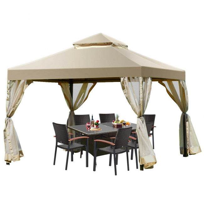 10’ x 10’ Outdoor Garden Gazebo Canopy Patio Screw-free Structure Shelter Tent with 2-Tier Roof and Mosquito Netting