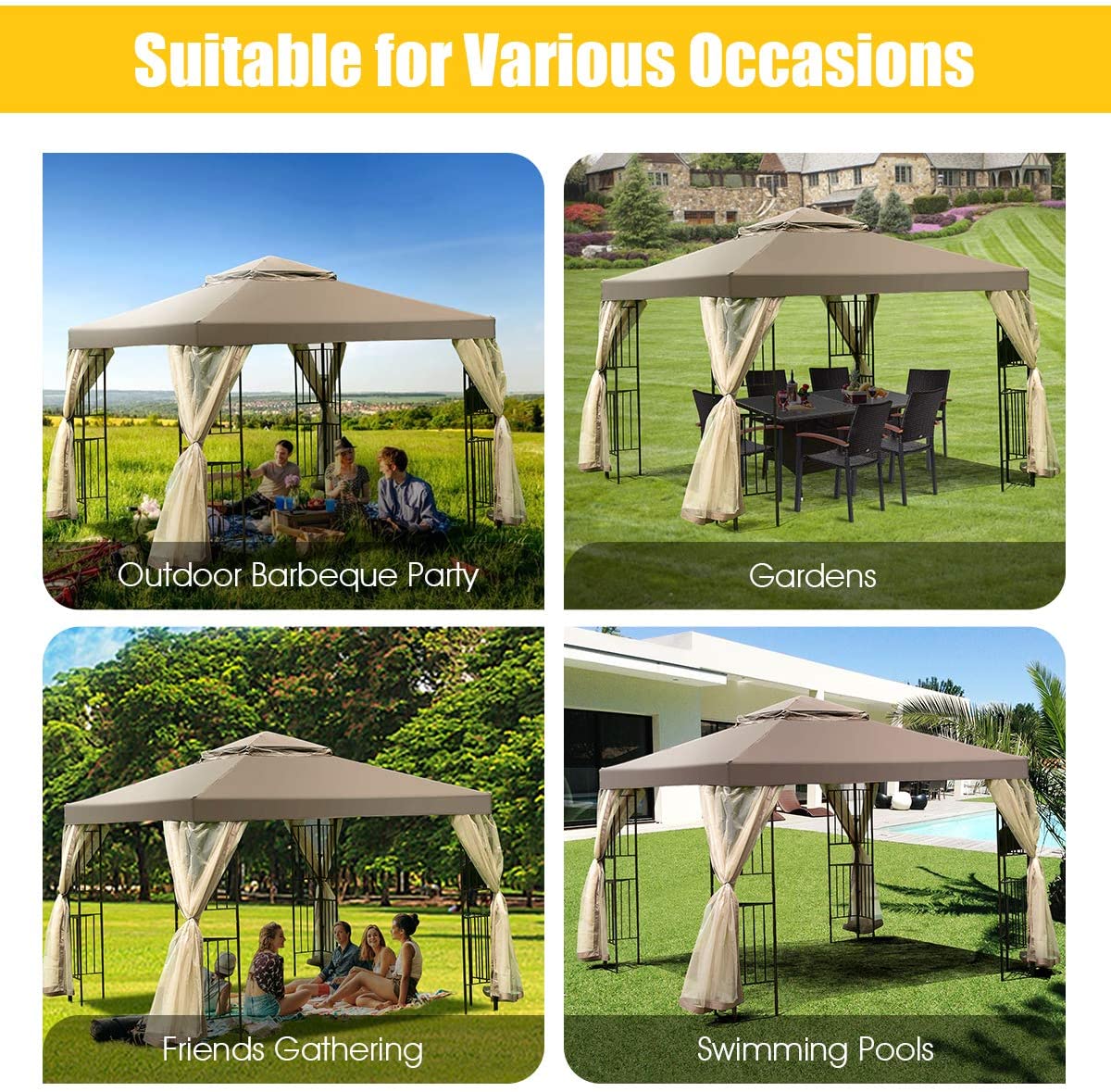 10 x 10FT Outdoor Gazebo Tent Patio Screw-free Structure Canopy Shelter with Mosquito Netting
