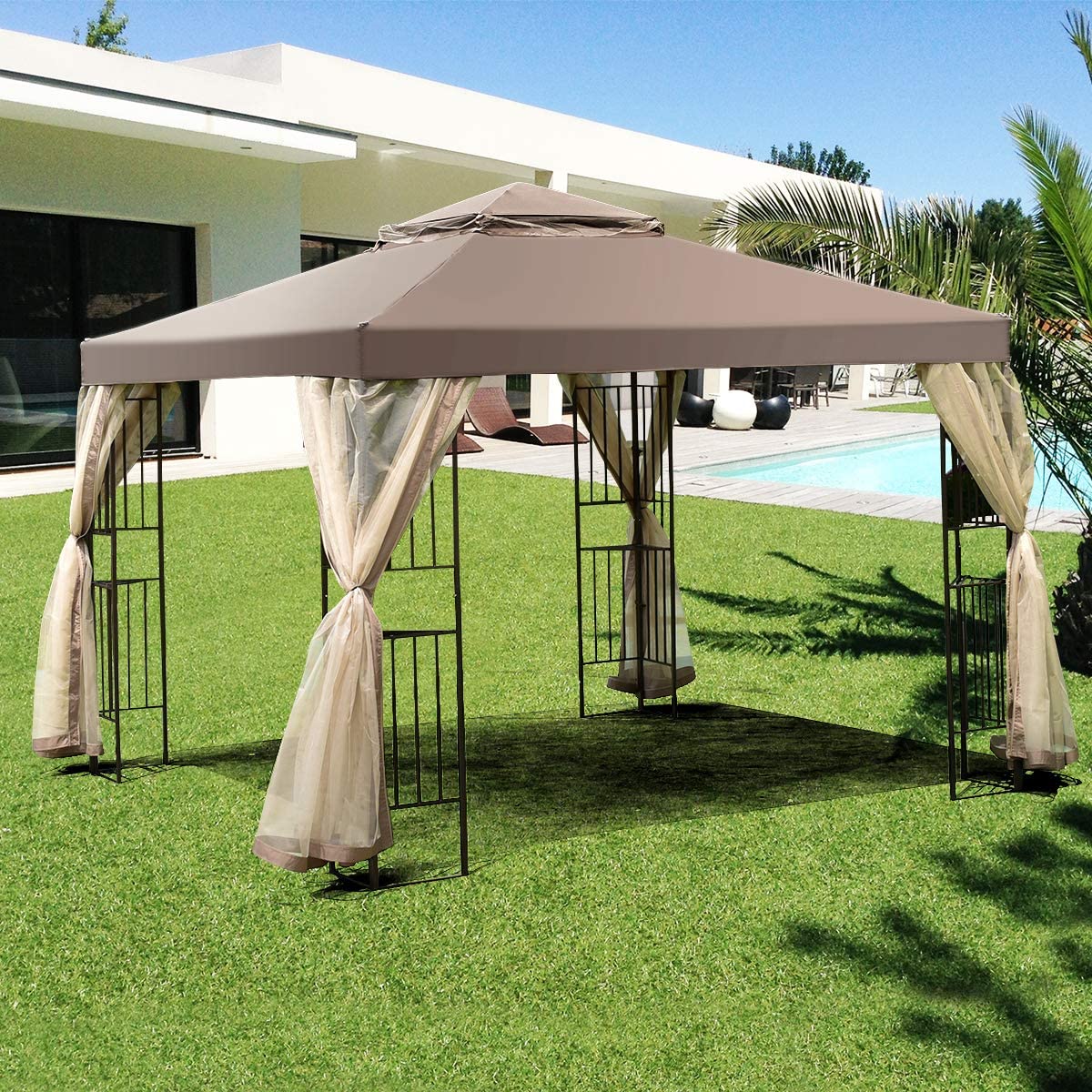 10 x 10FT Outdoor Gazebo Tent Patio Screw-free Structure Canopy Shelter with Mosquito Netting