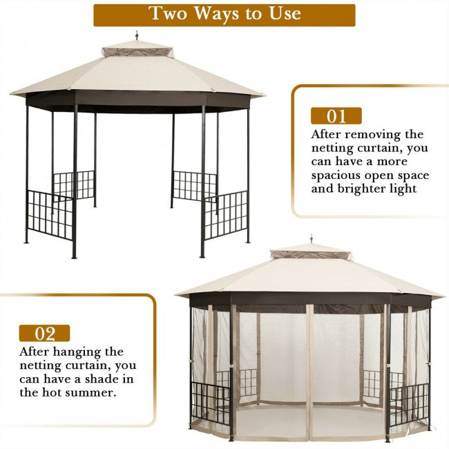 10 x 12 FT Outdoor Patio Heavy Duty Octagonal Gazebo Canopy Shelter with Mosquito Netting and Double Roof