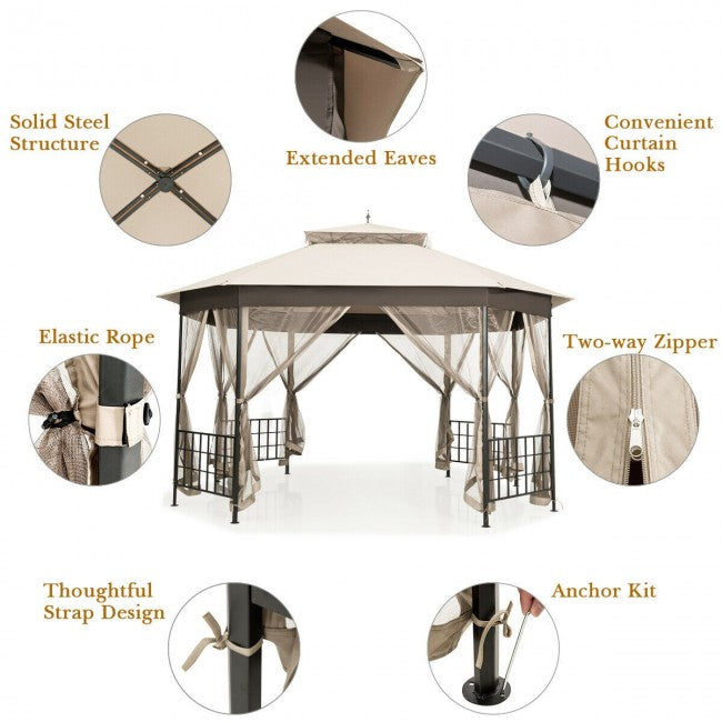 10 x 12 FT Outdoor Patio Heavy Duty Octagonal Gazebo Canopy Shelter with Mosquito Netting and Double Roof