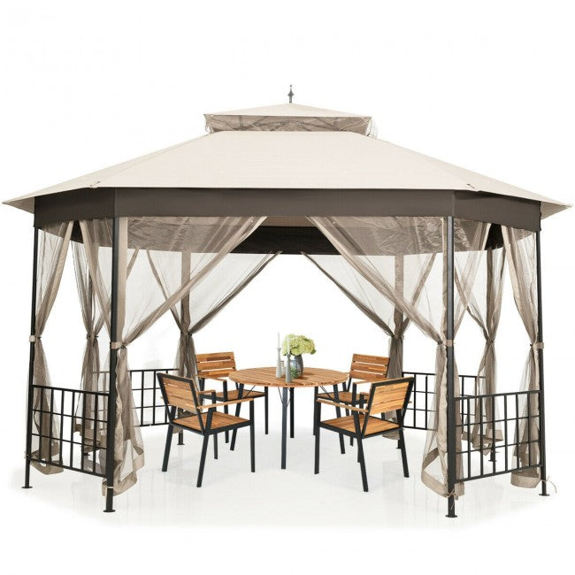 10 x 12 FT Outdoor Patio Heavy Duty Octagonal Gazebo Canopy Shelter with Mosquito Netting and Double Roof