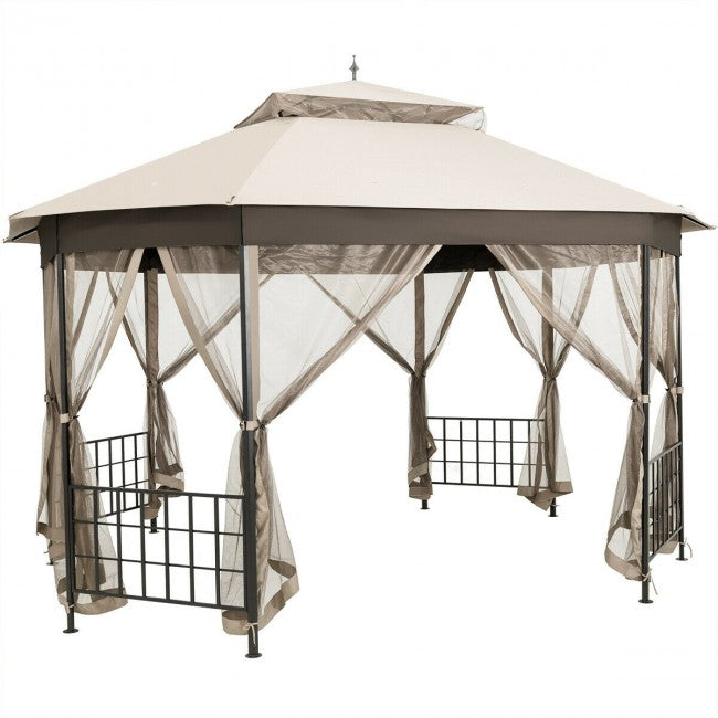 10 x 12 FT Outdoor Patio Heavy Duty Octagonal Gazebo Canopy Shelter with Mosquito Netting and Double Roof