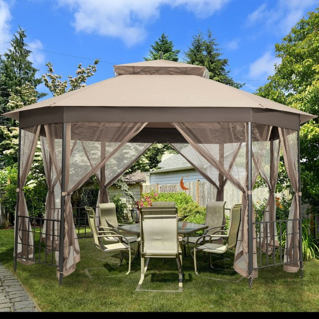 10 x 12 FT Outdoor Patio Heavy Duty Octagonal Gazebo Canopy Shelter with Mosquito Netting and Double Roof