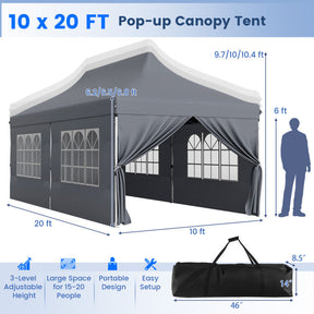 10 x 20 FT Outdoor Pop-Up Canopy Portable Heavy-Duty Gazebo Tent with 6 Removable Sidewalls and Carrying Bag for 15-20 People