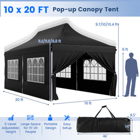 10 x 20 FT Outdoor Pop-Up Canopy Portable Heavy-Duty Gazebo Tent with 6 Removable Sidewalls and Carrying Bag for 15-20 People